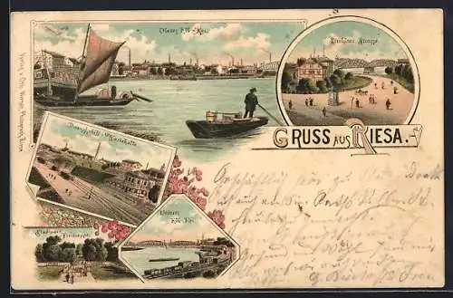 Lithographie Riesa, Dampfschiff-Wartehalle, Stehlaer Strasse, Stadtpark und Freitreppe