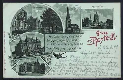 Mondschein-Lithographie Rostock, Ständehaus, Post, Kröpeliner Thor