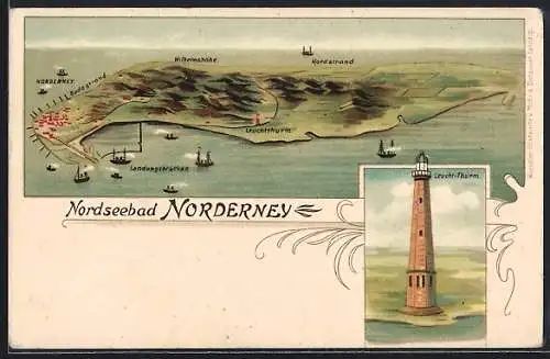 Lithographie Norderney, Leucht-Thurm, Gesamtansicht der Insel