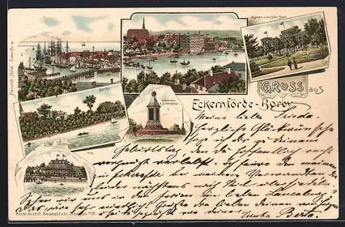 Vorläufer-Lithographie Eckernförde-Borby, 1895, Strand-Hotel, Denkmal b. Südschanze, Marien-Louisen-Bad