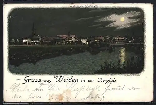 Mondschein-Lithographie Weiden in der Oberpfalz, Ansicht vom Nabufer aus