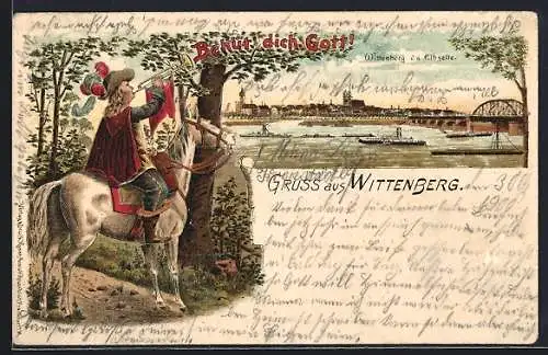 Lithographie Wittenberg / Elbe, Trompeter von Säckingen am Elbufer, Blick auf die Stadt