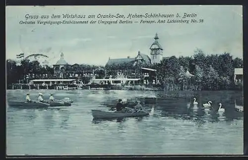 AK Berlin-Hohenschönhausen, Wirtshaus am Oranke-See mit Ruderbooten