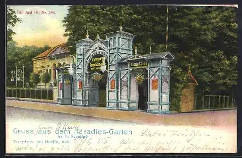 AK Berlin-Treptow, Restaurant Paradies-Garten F. Schallgé, Eingang