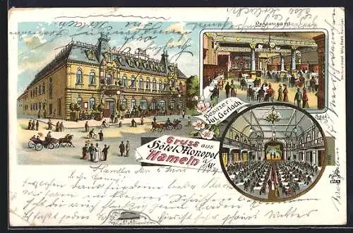 Lithographie Hameln, Hotel Monopol mit Restaurant und Saal