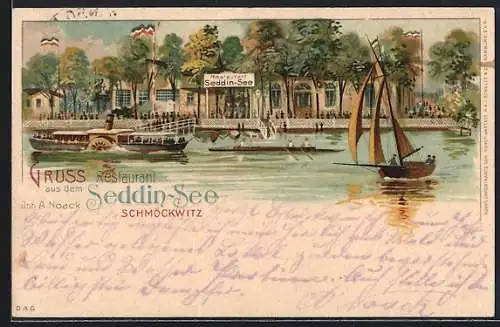Lithographie Berlin-Schmöckwitz, Restaurant Seddin-See, Dampfer mit Passagieren am Steg