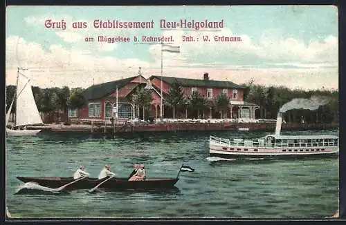 AK Berlin-Müggelheim, Gasthaus Neu-Helgoland am Müggelsee mit Dampfer