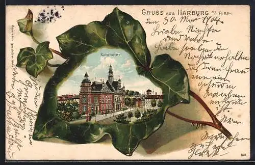 Passepartout-Lithographie Hamburg-Harburg, Rathausplatz, Eichenblatt