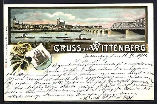 Lithographie Wittenberg / Elbe, Ortsansicht mit Dampfern, Wappen