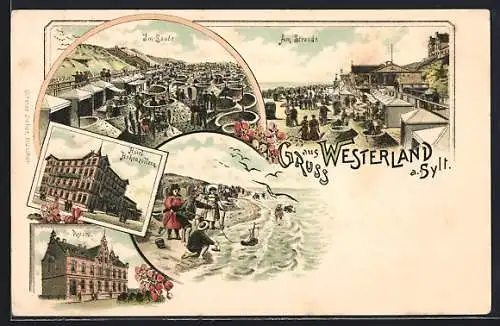 Lithographie Westerland a. Sylt, Hotel Hohenzollern, Postamt, Im Sande, Am Strand