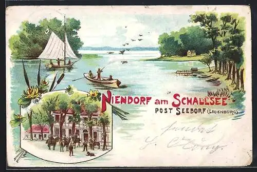 Lithographie Niendorf a. Schallsee, See mit Booten, Gebäude mit Kavallerie