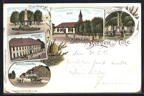 Lithographie Bergen / Lüneburger Heide, W. Hartung`s Gasthof, Gasthof Deutsches Haus, Kirche
