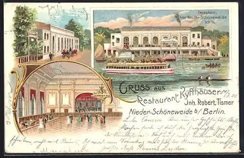 Lithographie Nieder-Schöneweide b. Berlin, Dampfer Anlegestelle Kyffhäuser mit Restaurant, Innenansicht, Eingang