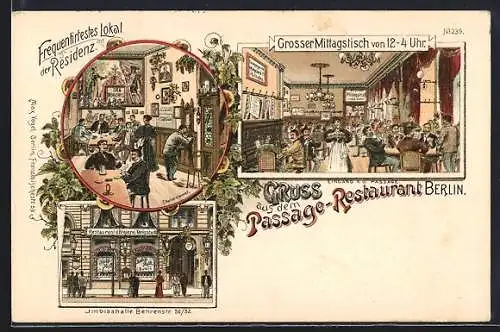 Lithographie Berlin, Passage-Restaurant, Imbisshalle Behrenstrasse 50 /52, Thurmzimmer, Eingang v. d. Passage
