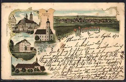 Lithographie Wemding, Marktplatz, Wallfahrtskirche, Kapuzinerkirche, Ortsansicht