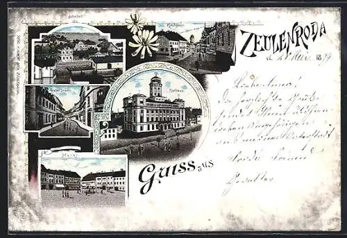 Lithographie Zeulenroda, Greizer Strasse, Bahnhof, Kirchgasse, Rathaus