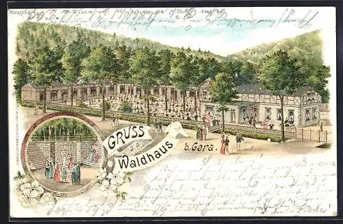 Lithographie Gera, Gaststätte Waldhaus aus der Vogelschau, Brunnen mit Gästen