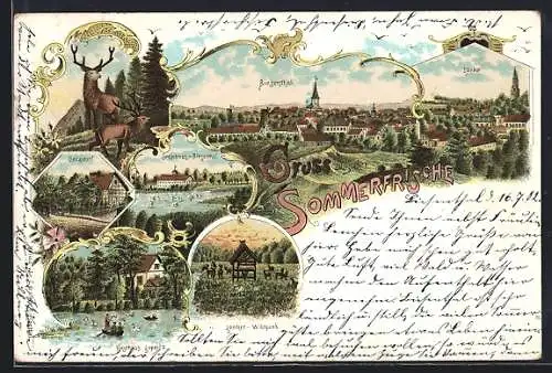 Lithographie Biesenthal / Mark, Totalansicht, Forsthaus Liepnitz, Lanker Wildpark, Seeschloss Biesenthal