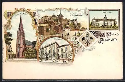 Lithographie Bochum, Christuskirche, Krankenhaus Bergmannsheil, Rathaus, Gymnasium