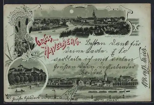 Mondschein-Lithographie Havelberg, Dom, Ortsansichten aus der Vogelschau