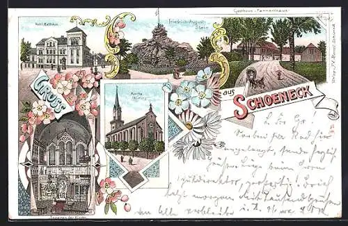 Lithographie Schoeneck, Kirche St. Georg, Inneres der Kirche, Hotel Rathaus