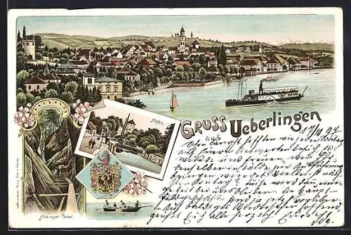 Lithographie Ueberlingen / Bodensee, Teilansicht, Hafen, Hödinger Tobel