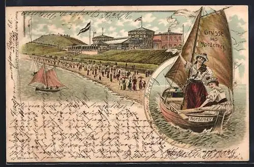 Lithographie Norderney, Blick vom Strand zum Cafe Giftbude, Segelbootpartie