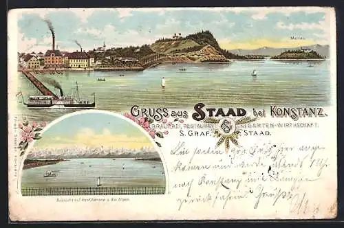 Lithographie Staad, Brauerei Restaurant u. Gasthaus S. Graf, Aussicht auf den Obersee u. d. Alpen, Dampfer