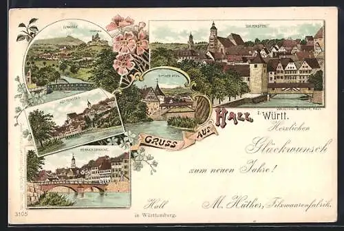 Lithographie Hall i. Württ., Kettensteg, Henkersbrücke, Roter Steg