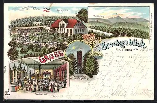 Lithographie Hildesheim, Restaurant, Aussichtsturm auf dem Galgenberge, Brockenblick