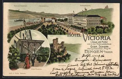 Lithographie Bingen a. Rh., Hotel Victoria, Hotel-Terrasse, Rochuskapelle