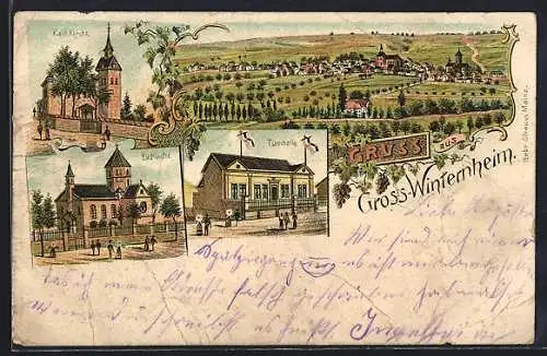 Lithographie Gross-Winternheim, Kath. Kirche, Ev. Kirche, Turnhalle