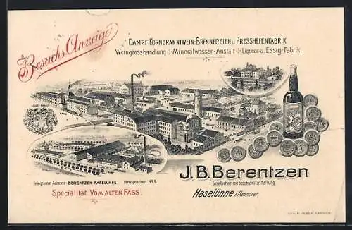 AK Haselünne i. Hannover, Dampf-Kornbranntwein-Brennereien u. Presshefenfabrik J. B. Berentzen