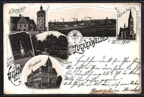 Lithographie Luckenwalde, Panorama der Stadt, Stadtwappen, Johanniskirche, Postgebäude
