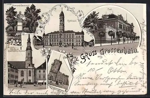 Lithographie Grossenhain / Sachsen, Rathaus, Post, Kupferbergturm, Bismarck-Denkmal