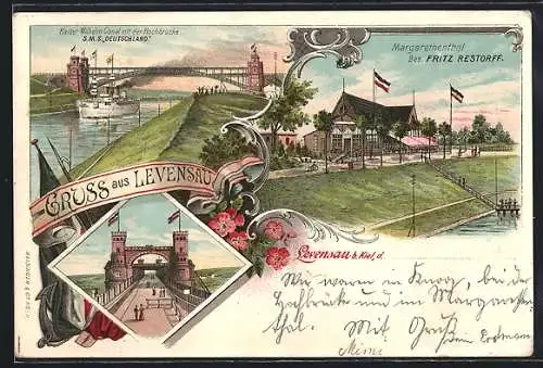 Lithographie Levensau, Gasthaus Margarethenthal, Inh. Fritz Restorff, S. M. S. Deutschland