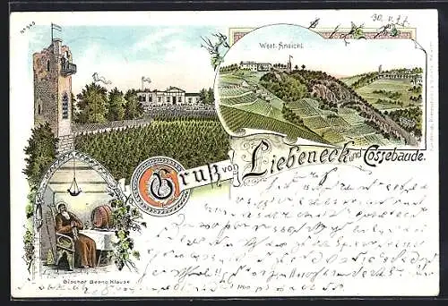 Lithographie Cossebaude, Panorama mit Liebeneck & Bischof Benno Klause