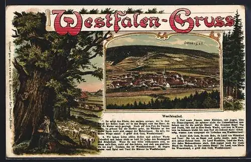 Lithographie Ottbergen / Westfalen, Westfalenlied, Panorama, Schäfer mit Herde
