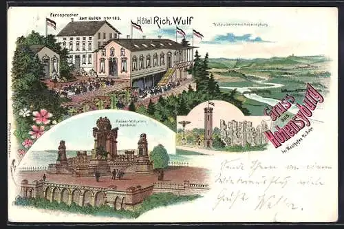 Lithographie Hohensyburg / Ruhr, Hotel Rich. Wulf, Kaiser Wilhelm Denkmal