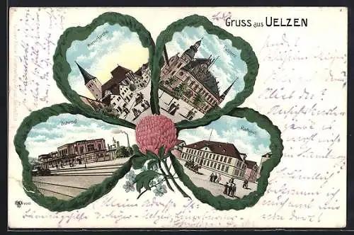 Passepartout-Lithographie Uelzen, Kleeblatt mit Bahnhof, Marienkirche, Postamt und Rathaus