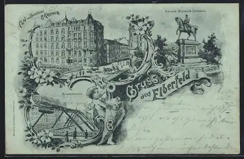 Lithographie Elberfeld, Schwebebahn & Kaiser Wilhelm Denkmal