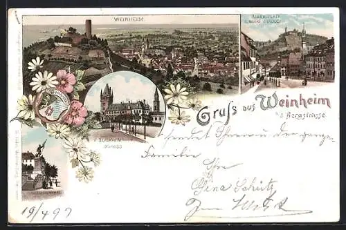 Lithographie Weinheim / Bergstrasse, Gesamtansicht mit Burg, Marktplatz mit Burg Vindeck