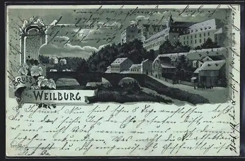 Mondschein-Lithographie Weilburg, Schloss mit Brücke