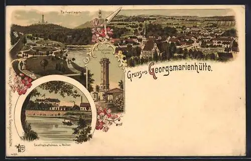 Lithographie Georgsmarienhütte, Totalansicht aus der Vogelschau, Parkanlage, Gesellschaftshaus & Weiher