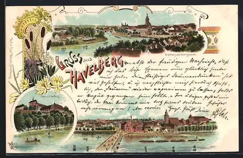 Lithographie Havelberg, Dom, Ortsansichten aus der Vogelschau