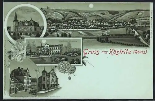 Lithographie Köstritz /Reuss, Kurhaus, Postgebäude, Landwirtschaftliche Schule