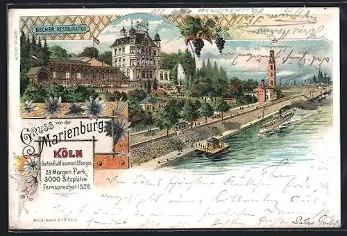 Lithographie Köln-Marienburg, Restaurant Becher, Dampfer