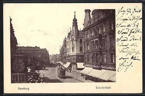AK Hamburg-St.Pauli, Strassenbahn, Geschäft v. Julius Cohn, Schulterblatt
