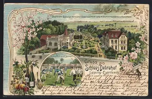 Lithographie Leipzig-Eutritzsch, Schloss Debrahof, Sportpark des Fussballclub Wacker