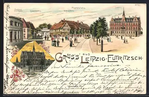 Lithographie Leipzig-Eutritzsch, Gosen-Schänke, Rathaus, Conditorei Emil Röthel, Kümmel-Apotheke